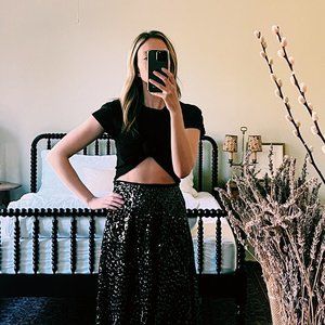NWT Something Navy A-Line Sequin Black Metallic Midi Skirt